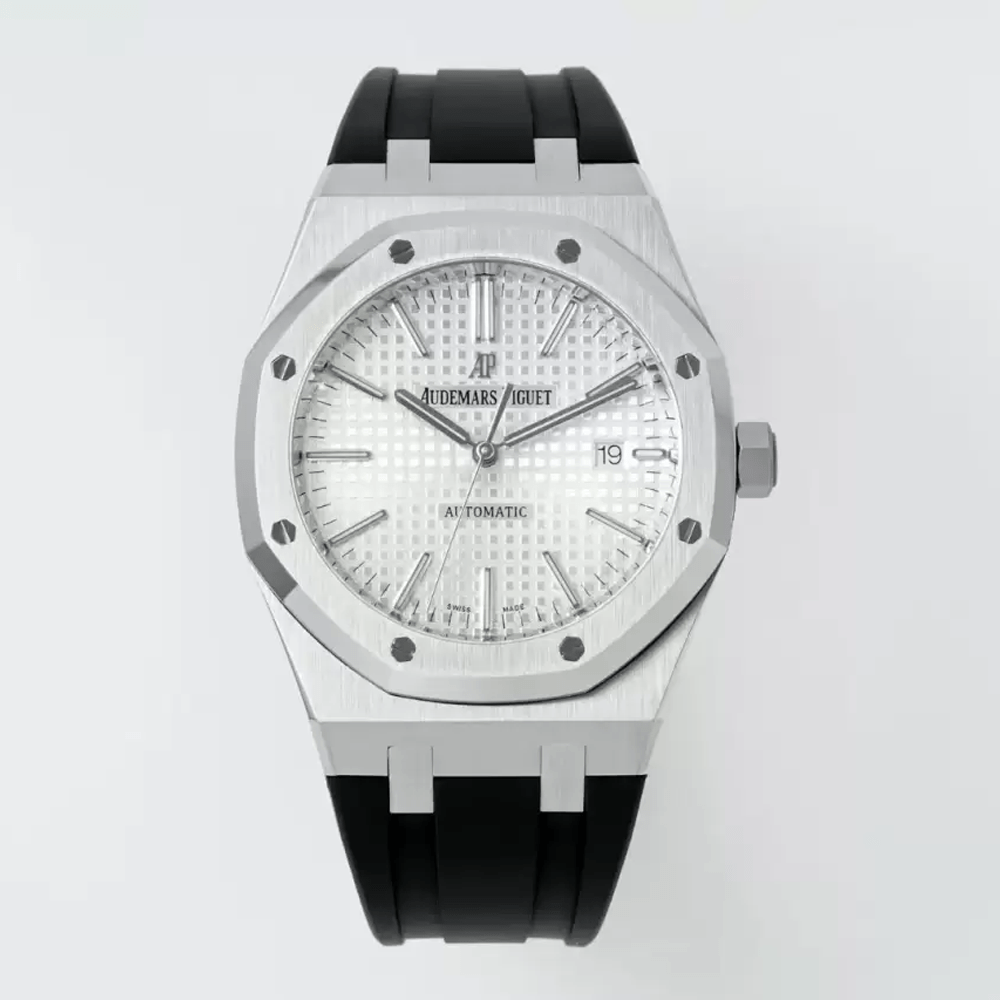 오데마피게 로얄오크 화이트 텍스처 다이얼 SS 블랙 러버 스트랩 41mm V3 15400
