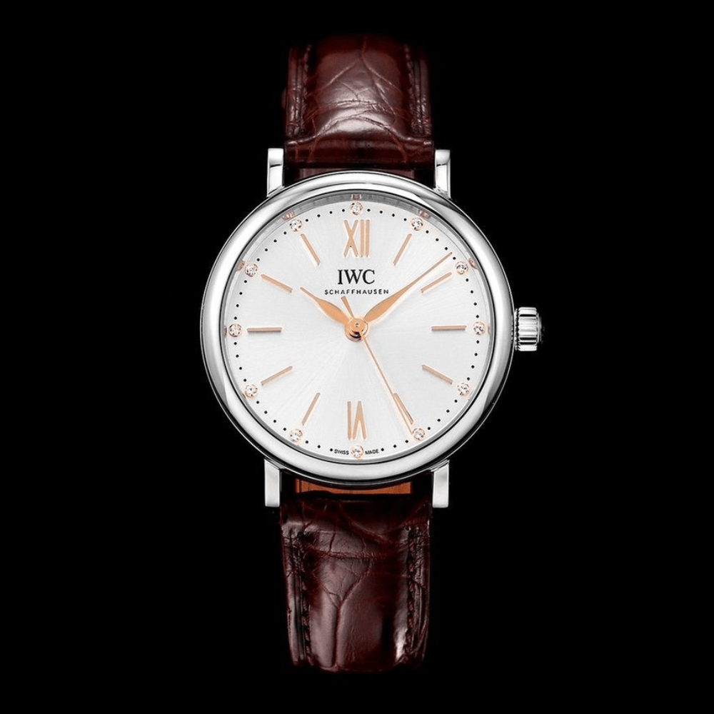 IWC 포르토피노 레이디 실버 화이트 다이얼 레더 스트랩 34mm IW357403
