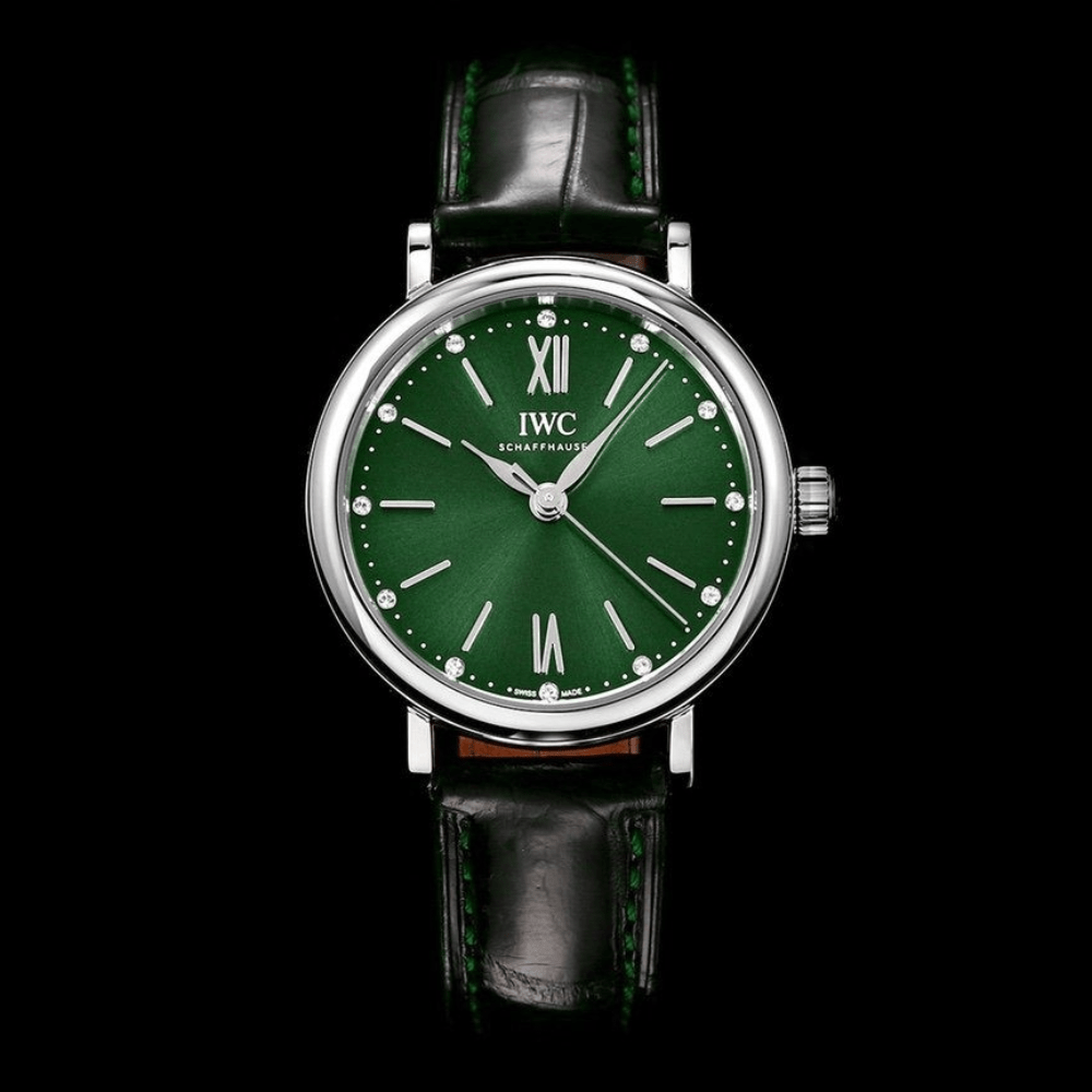 IWC 포르토피노 레이디 실버 그린 다이얼 레더 스트랩 34mm IW357405