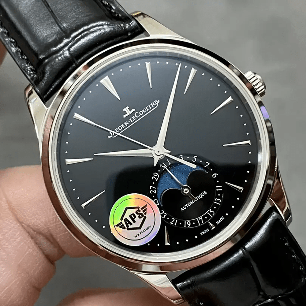 예거 르쿨트르 마스터 울트라씬 문페이즈 블랙 다이얼 레더 스트랩 39mm Q1368471