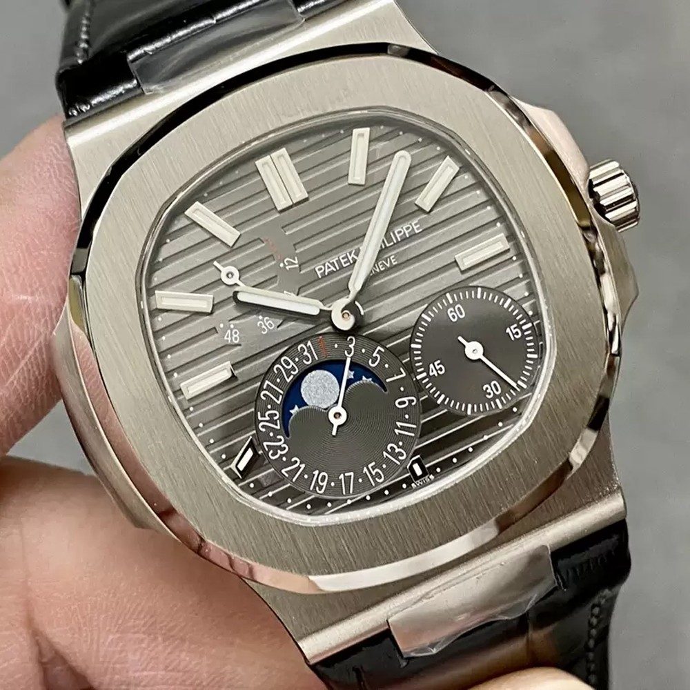 파텍필립 노틸러스 문페이즈 그레이 다이얼 블랙 SS 가죽스트랩  40mm 5712