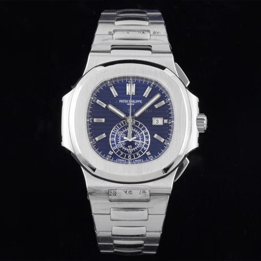 파텍필립 아쿠아넛 트래블타임 청판 다이얼 바게트 다이아 SS 브레이슬릿 40mm 5976