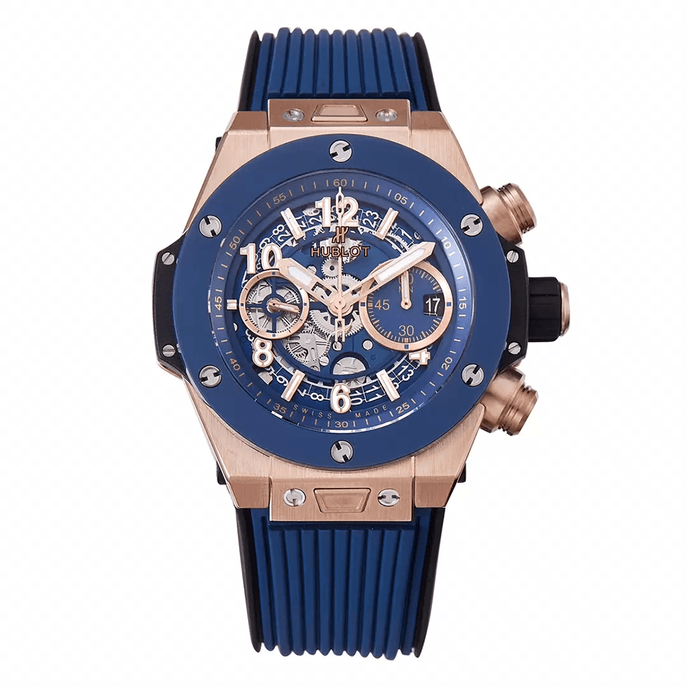 위블로 빅뱅 크로노그래프 로즈골드 세라믹 베젤 블루 러버 스트랩 44mm 421.OL.5180.RX