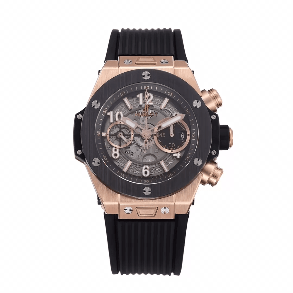 위블로 빅뱅 크로노그래프 로즈골드 세라믹 베젤 블랙 러버 스트랩 44mm 421.OM.1180.RX